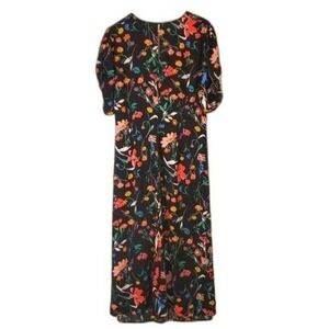 A New Day Floral Maxi Dress Ruched Sleeve V-Neck Black Multicolor